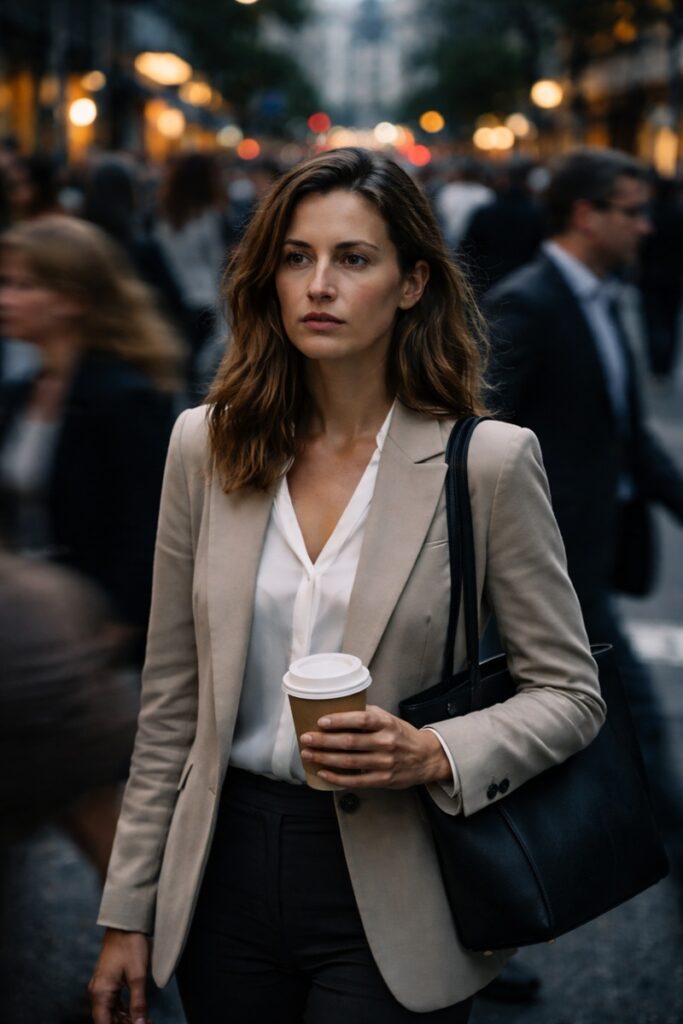 Woman walking through a busy city street holding a coffee, looking thoughtful and slightly fatigued amid blurred crowds.